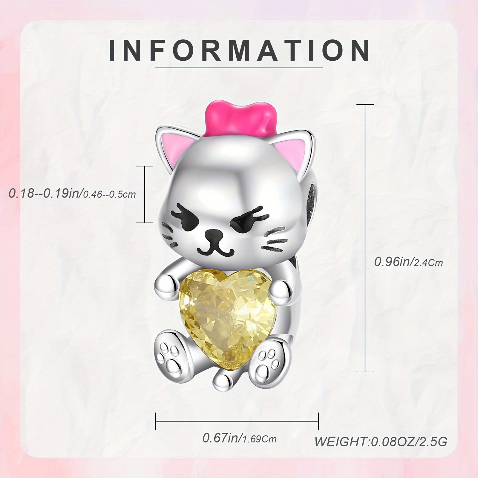 Cat Yellow Heart Stone Charm 925 Sterling Silver Pendant